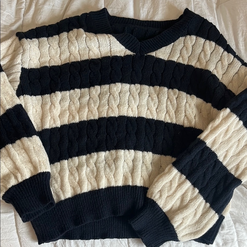 Striped navy and Cream Cable Knit Sweater